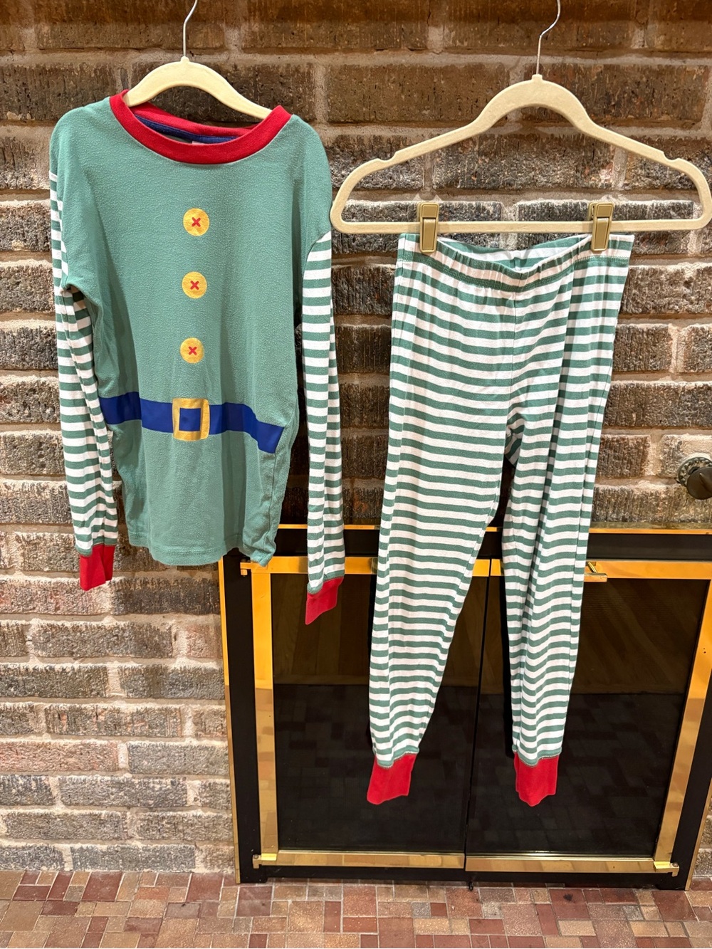 Mini Boden Green Elf Stripe Pajama Set with Red Trim